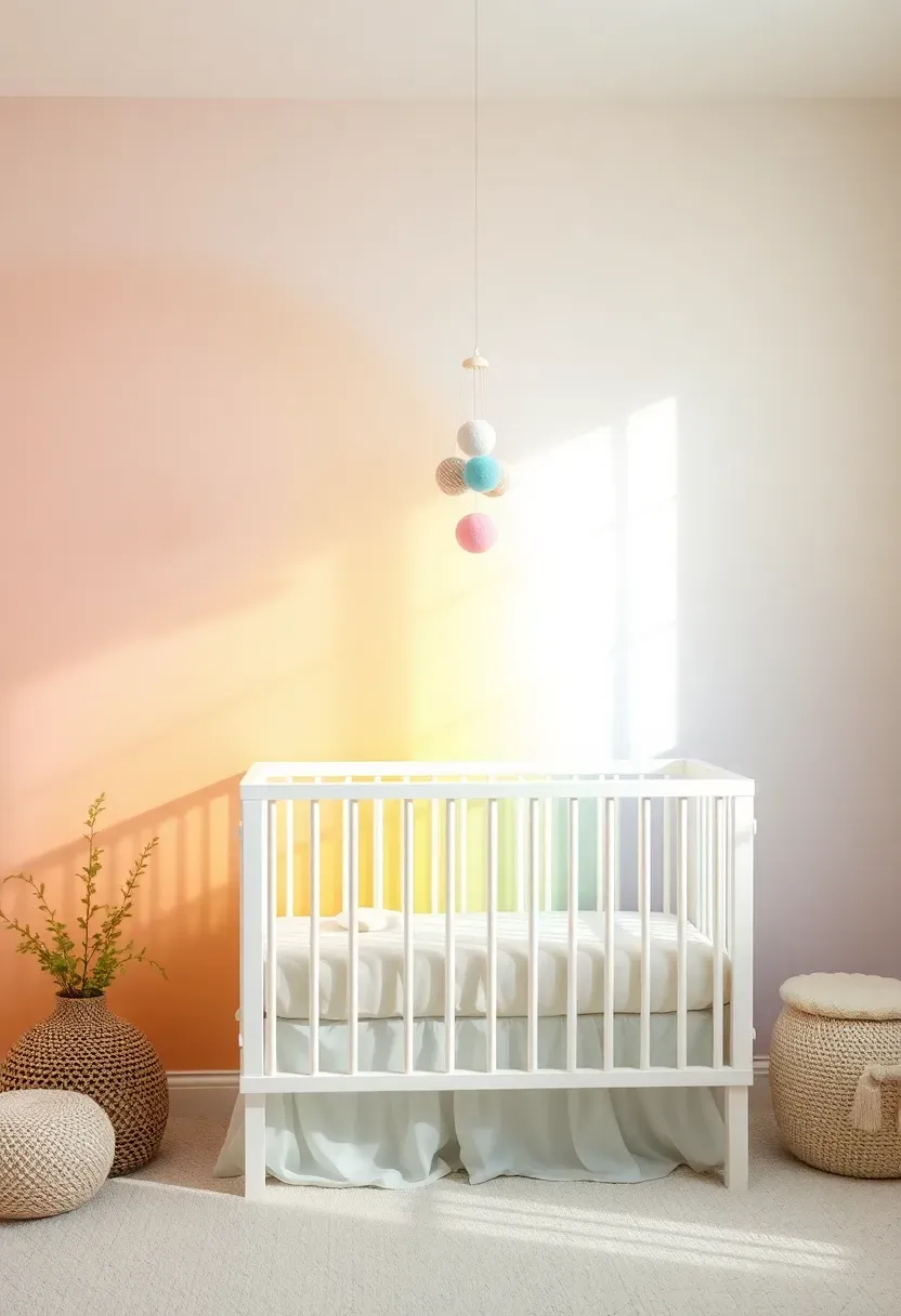 pastel rainbow gradient wall in nursery with white furniture and colorful mobile