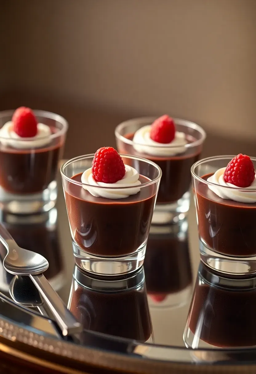 elegant chocolate mousse served in small clear glass cups topped with whipped cream and a single raspberry on a mirrored tray