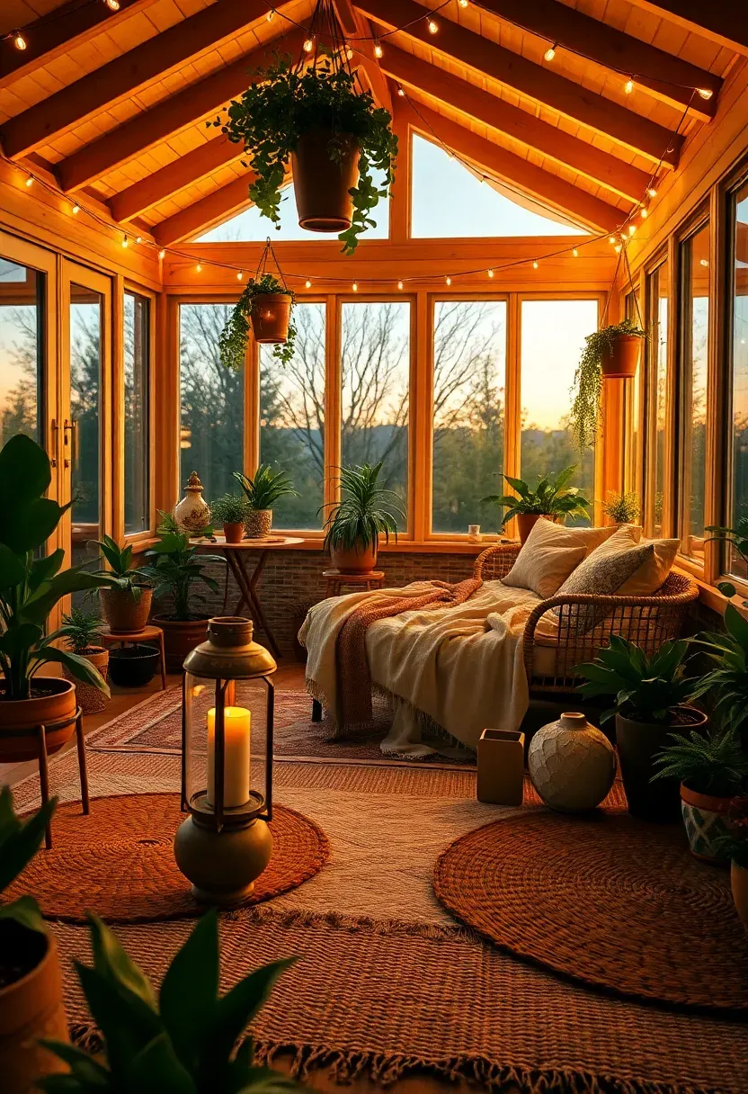 Fully decorated budget sunroom with layered rugs, throw blankets, string lights, and potted plants in warm evening light
