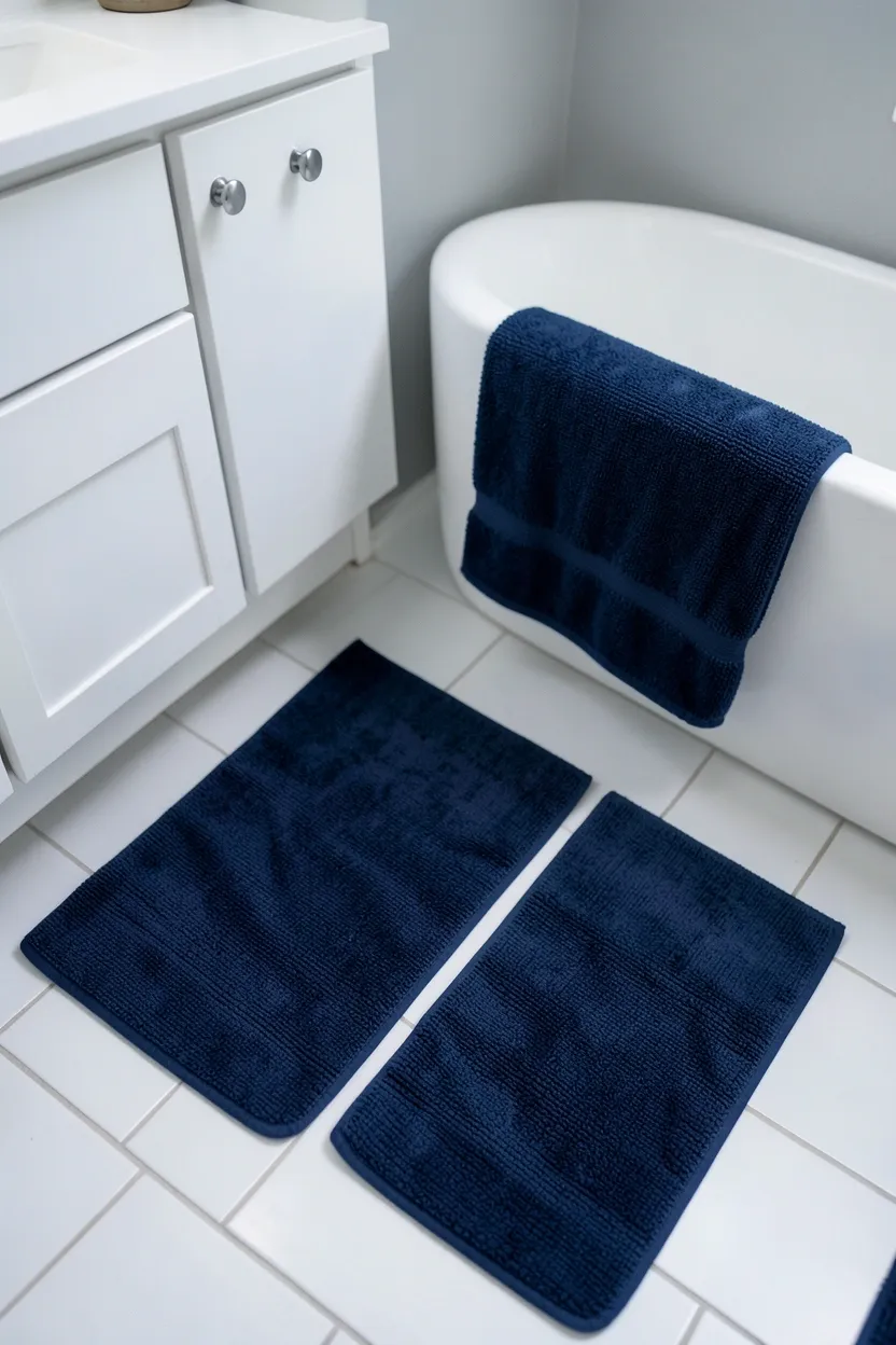 Honey-toned bamboo bathroom vanity with matching soap dish and toothbrush holder on white tiled counter — eco-friendly renter bathroom idea