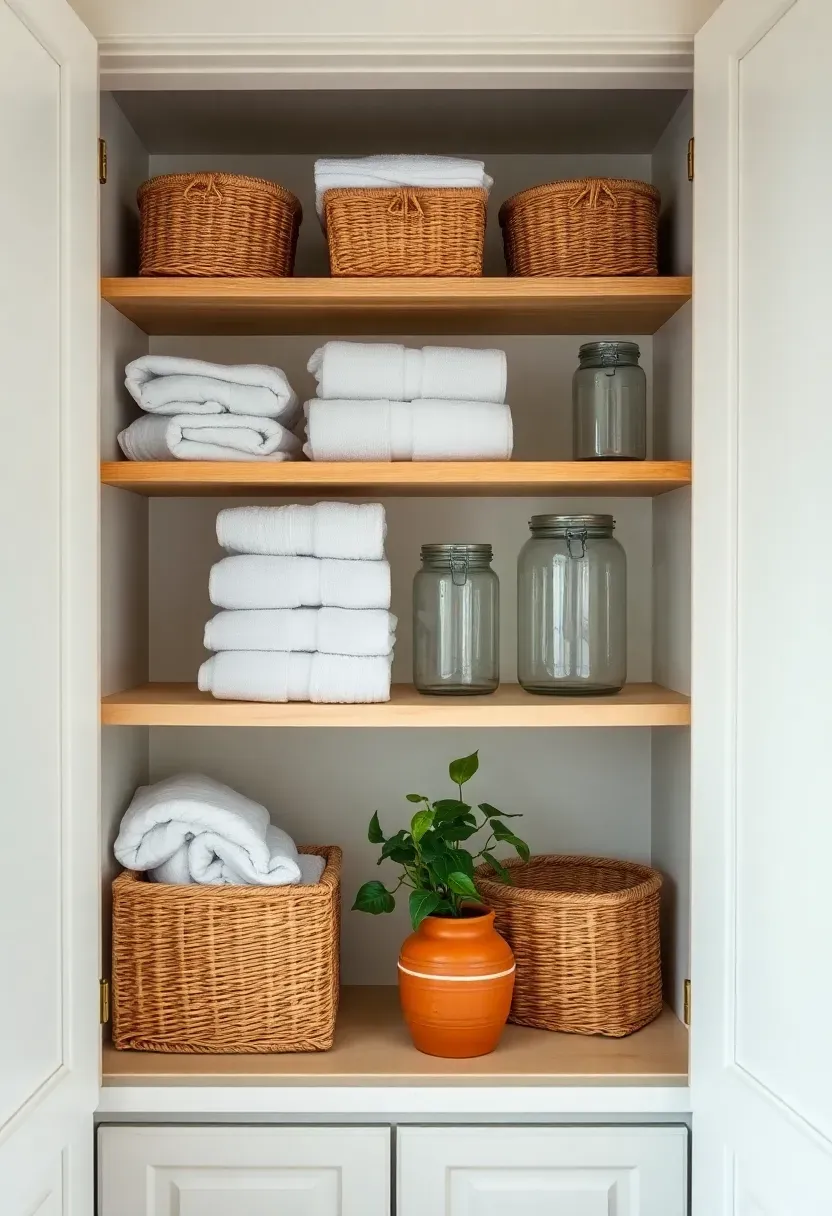 Open bathroom linen shelves without doors showing carefully styled stacks of white towels, glass jars, and a small potted plant