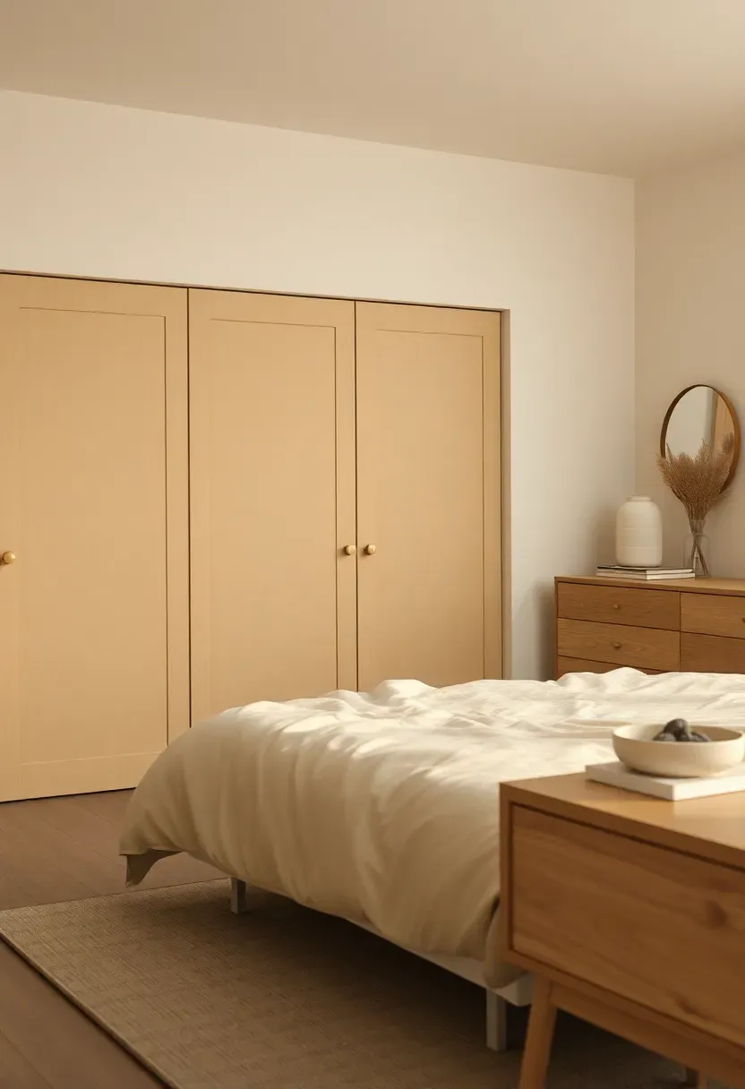 Boucle upholstered closet fronts with hidden pulls