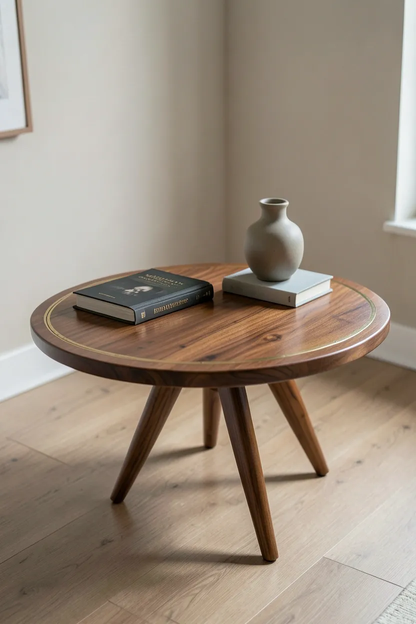 Oval vintage-inspired wood coffee table with brass accents and clean metal base styled with books and a tray