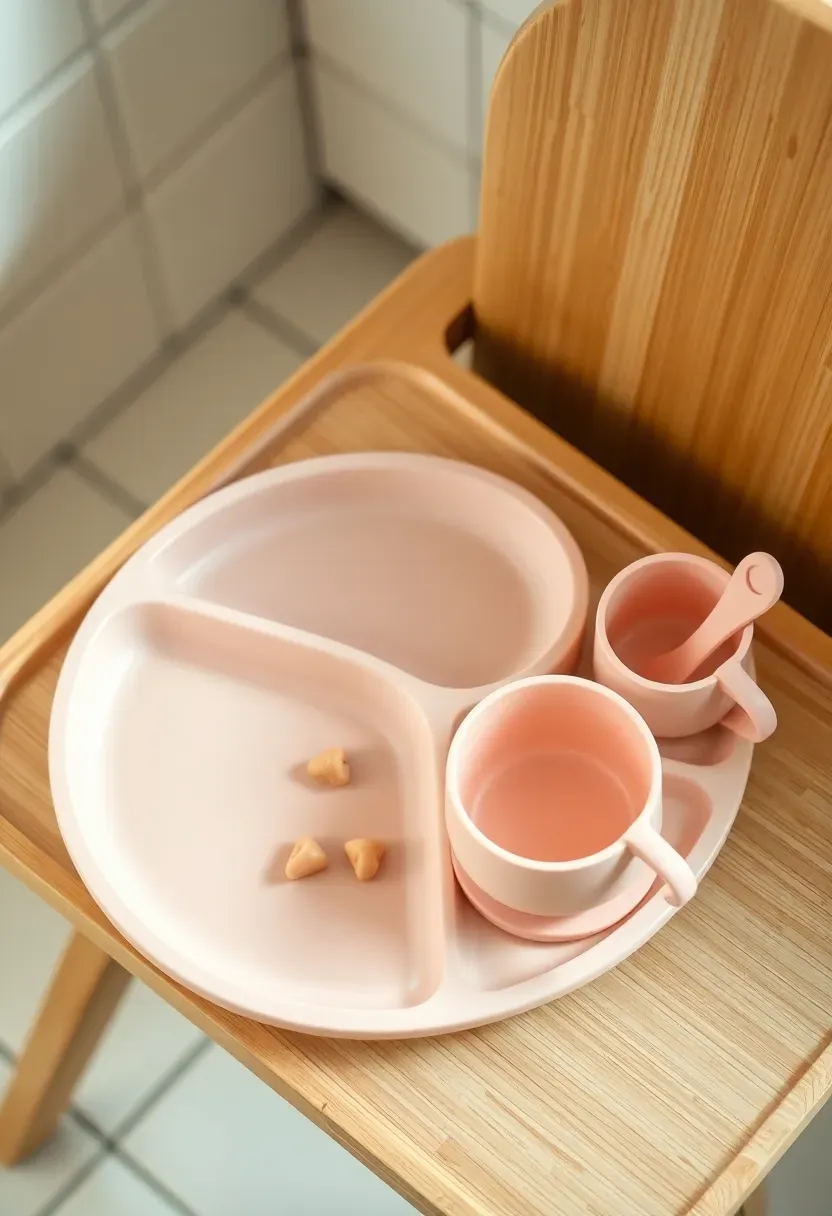 bamboo baby tableware set with plate bowl cup and spoon in pastel pink