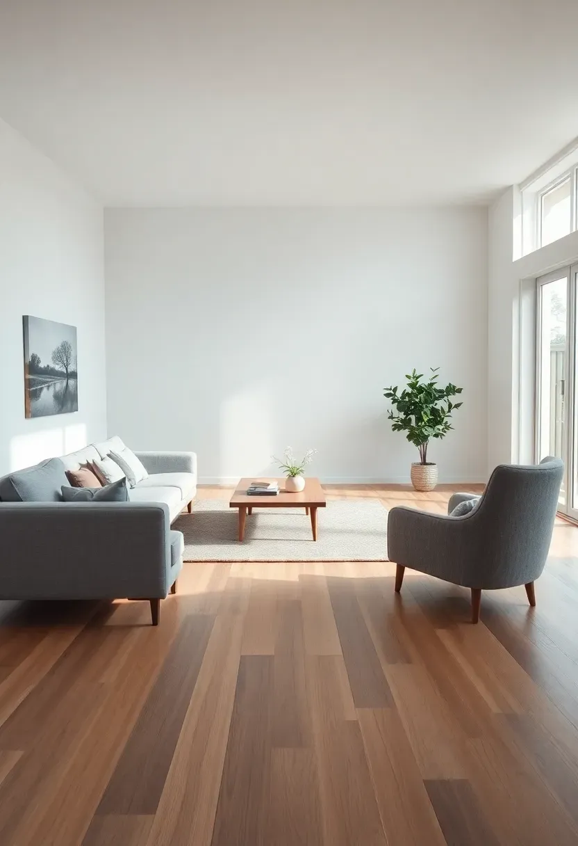 Hyper-realistic wide shot of minimalist living room featuring low-profile furniture creating spacious feel. Materials: light gray linen sofa with low back (14 inches from seat to top), low rectangular coffee table at 12 inches height, low-back armchair, light oak floor showing ample expanse, white walls with large windows. Natural light flooding in. Furniture shows generous floor visibility underneath and around pieces. Visible room context showing airy openness. Sharp focus on furniture proportions. No text, no logos, no watermarks.</p>