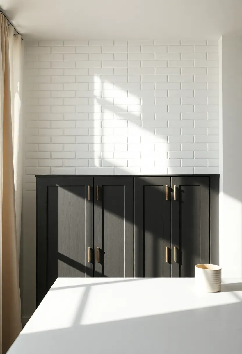 vertical stacked white subway tile backsplash in a modern kitchen with dark cabinets