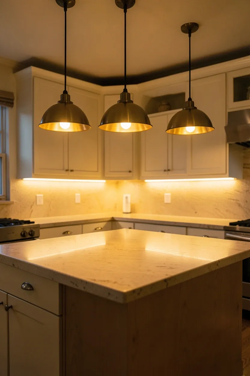 Hyper-realistic eye-level photograph of a fall kitchen with layered warm lighting system. Three warm brass pendant lights hang over large kitchen island, each casting golden glow on light oak island surface. Under-cabinet LED strip lighting provides task illumination for countertops. Warm-toned bulbs visible throughout. Cabinets in warm cream with light oak island. Honed travertine countertop. Soft warm ambient atmosphere from layered golden lighting creates autumnal cozy feeling. Visible shadows and light reflections on cabinets. No text, no logos, no watermarks.</p>
