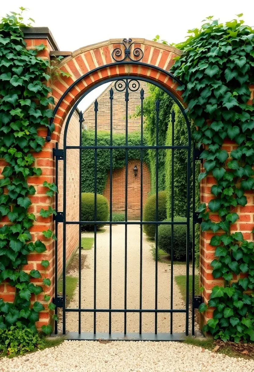 Arched iron garden gate with simple vertical bars and a decorative scroll at the top in a brick wall opening with climbing ivy