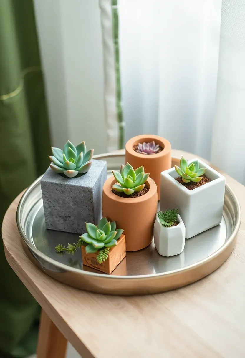 Round tray filled with arrangement of small succulents in geometric planters