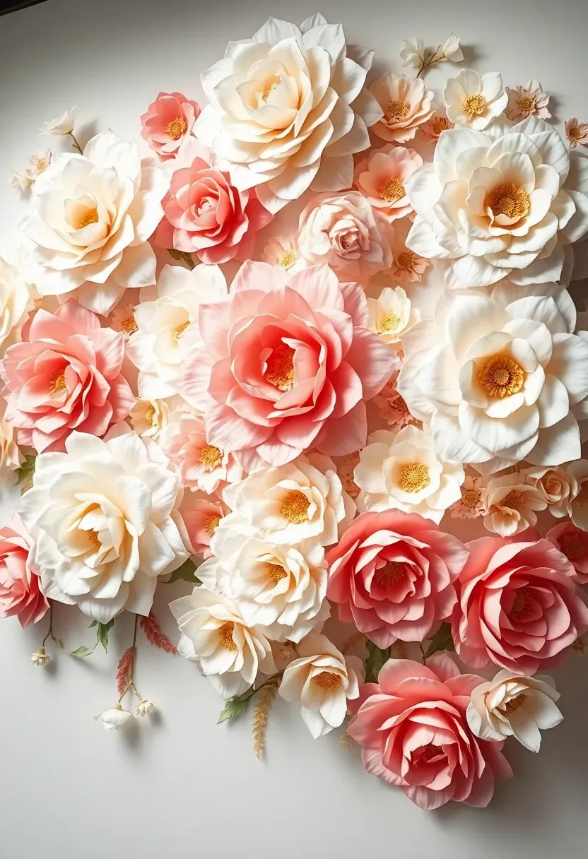 stunning paper flower wall installation in large scale white and blush handmade paper blooms creating a dramatic baby shower photo backdrop with soft lighting