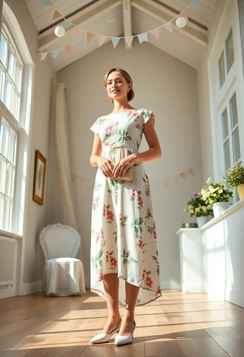 woman wearing a floral tea-length dress with cap sleeves in a bright airy room decorated for a baby shower