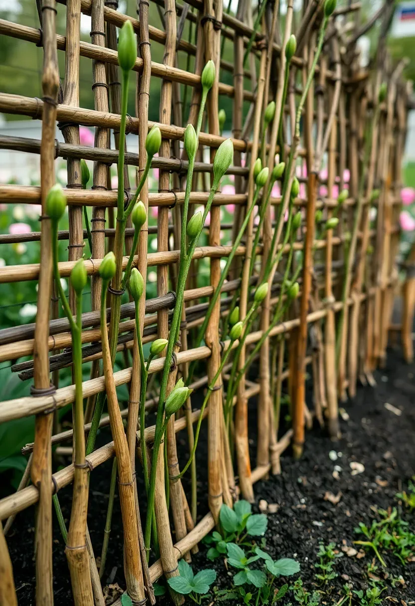 Living willow woven fence screen with green shoots growing along a cottage garden border in spring