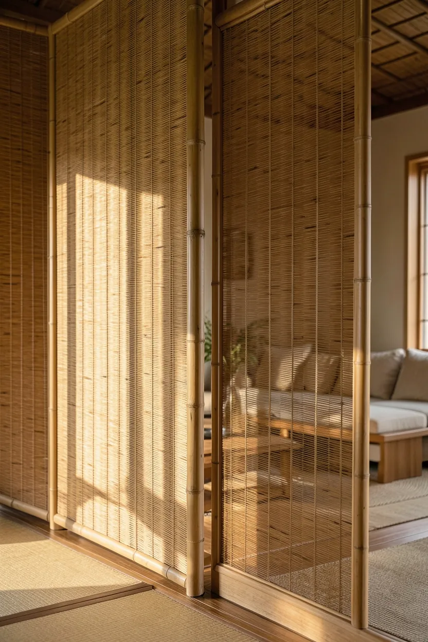 Natural bamboo screen room divider casting soft shadows in a renter-friendly wabi sabi living room