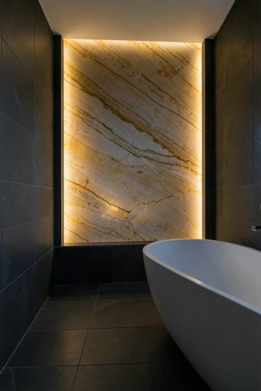 Hyper-realistic eye-level photograph of backlit onyx wall in zen bathroom. Large onyx panel mounted on wall, backlit creating warm amber glow. Onyx features natural golden and cream veining patterns. Light emanates softly from within stone. Rest of bathroom in dark neutral tones to enhance onyx effect: charcoal slate floor, dark grey tile walls. White freestanding tub positioned facing onyx wall. Evening atmosphere with soft ambient lighting. Materials: natural onyx, slate, ceramic. Dramatic luxurious mood. Focus on backlit onyx detail and glow. No text, no logos, no watermarks.</p>