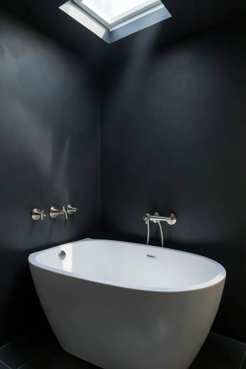 Dark charcoal grey bathroom flooded with natural light from an overhead skylight creating a dramatic spa atmosphere