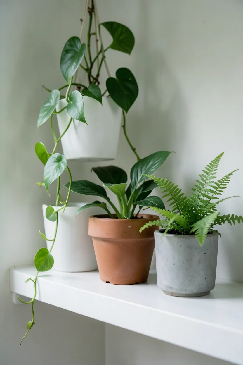 Bathroom shelf with pothos and fern plants in ceramic pots — humidity-loving plants in a bright rental bathroom window