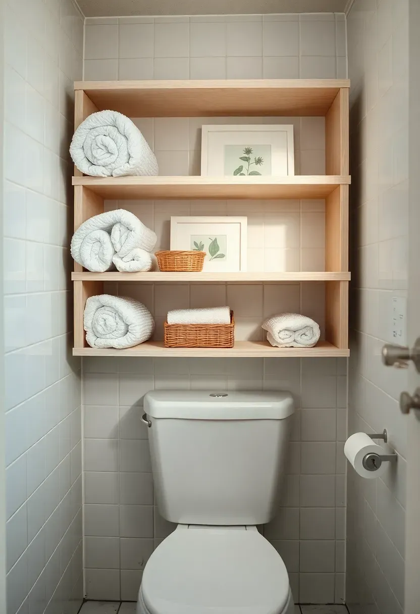 Three open wood shelves over toilet holding towels, candles, and small plants in a cozy apartment bathroom
