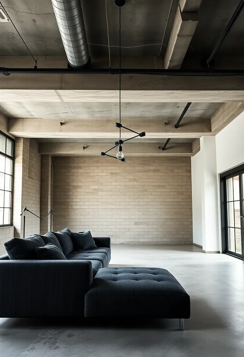 Hyper-realistic shot of industrial minimalist living room with dark gray sofa, exposed concrete ceiling with ductwork and pendant lights on black cords, polished concrete floor, large window with industrial steel frame. Materials: charcoal gray textured upholstery, raw concrete surfaces, black metal fixtures, white walls. Diffused natural light through industrial window, raw modern mood emphasizing architectural honesty. Sharp details on concrete texture and sofa fabric, composition showing exposed elements, shallow depth of field, no text, no logos, no watermarks.</p>