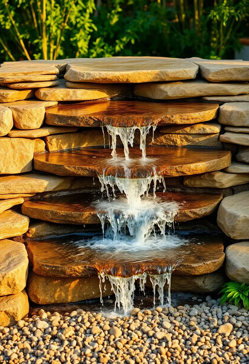 Rustic fieldstone waterfall with three tiers of flat stacked stones and water cascading into a gravel basin