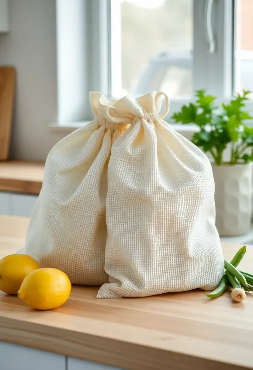 cotton drawstring produce bags in natural and sage green colors folded neatly beside fresh vegetables