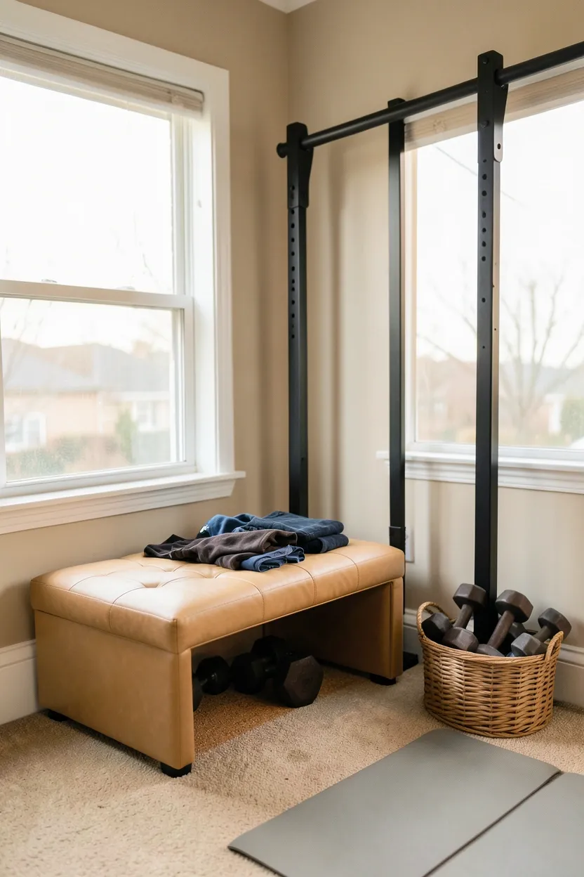 Apartment living room corner gym nook with adjustable bench, decorative dumbbell basket, and pull-up bar by window