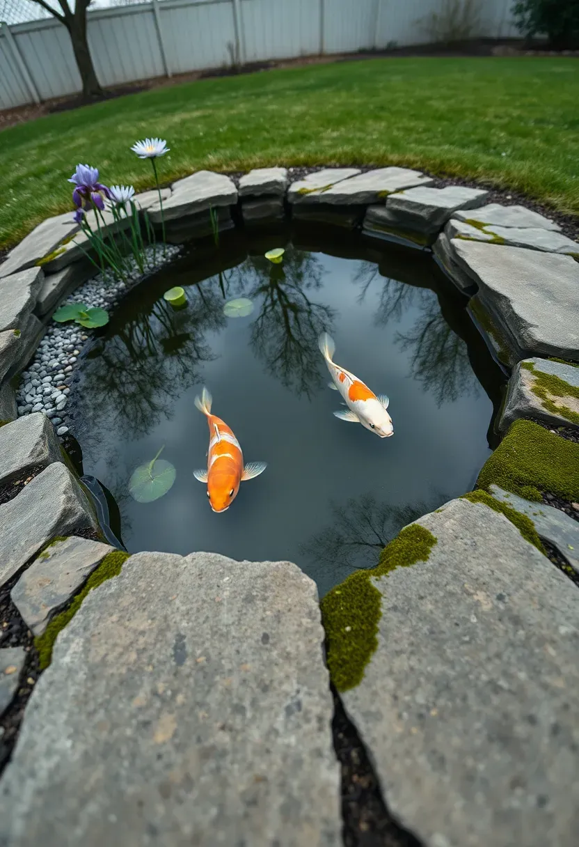 Sunken backyard koi pond with natural stone edges, water lilies, and koi fish visible beneath clear water