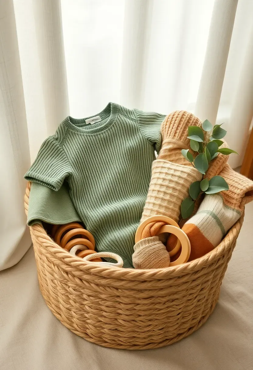 gender-neutral earth tone baby gift basket with sage green onesie beige knit blanket wooden toys and eucalyptus sprig in a jute basket