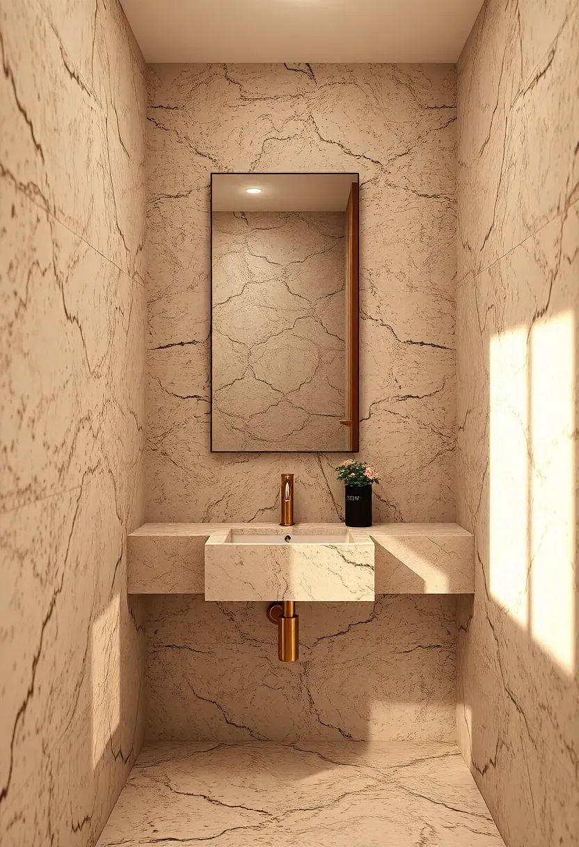 All-terrazzo powder room with matching walls, floor, and integrated basin sink — bold modern design with brass faucet accents