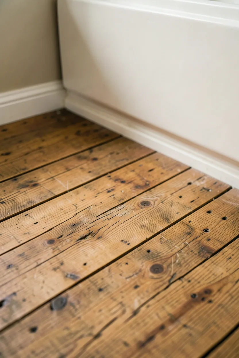 Wide plank reclaimed wood flooring in a warm farmhouse bathroom with natural knots and rich grain texture