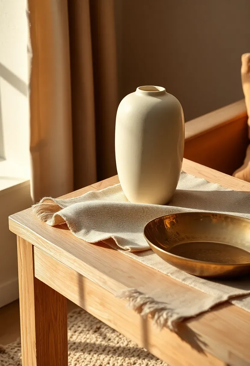Side table with a smooth ceramic vase rough linen runner and glossy brass dish