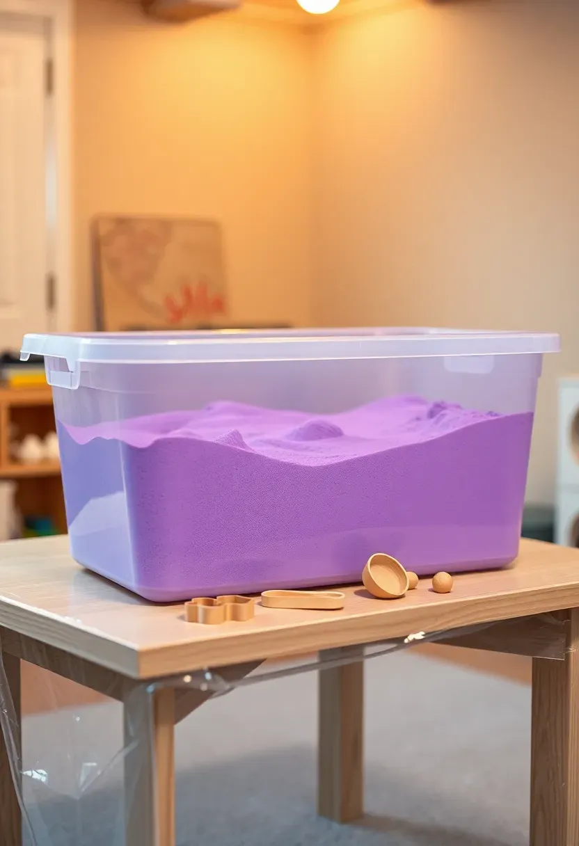indoor kinetic sand table in basement playroom with molds scoops and contained play area