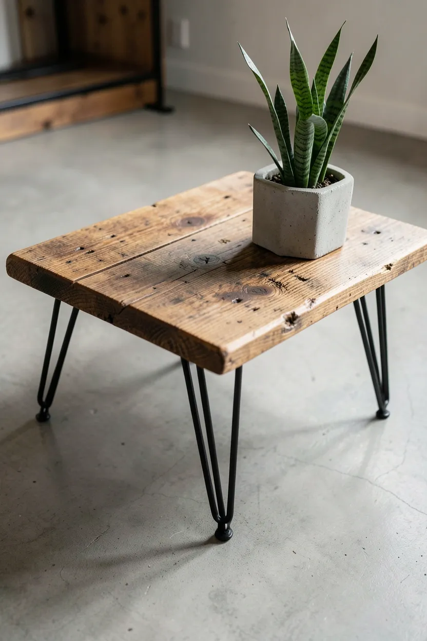 Floor-to-ceiling industrial open shelving with black metal pipe frames and reclaimed wood shelves displaying a few books, small plants, and ceramic pieces in a minimal rental living room