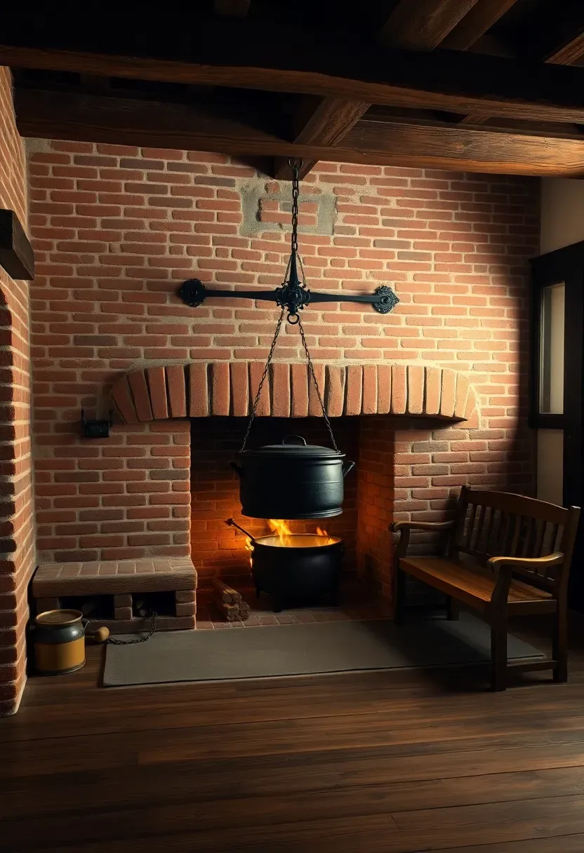 colonial keeping room with large brick cooking hearth iron pot crane and wooden settle bench