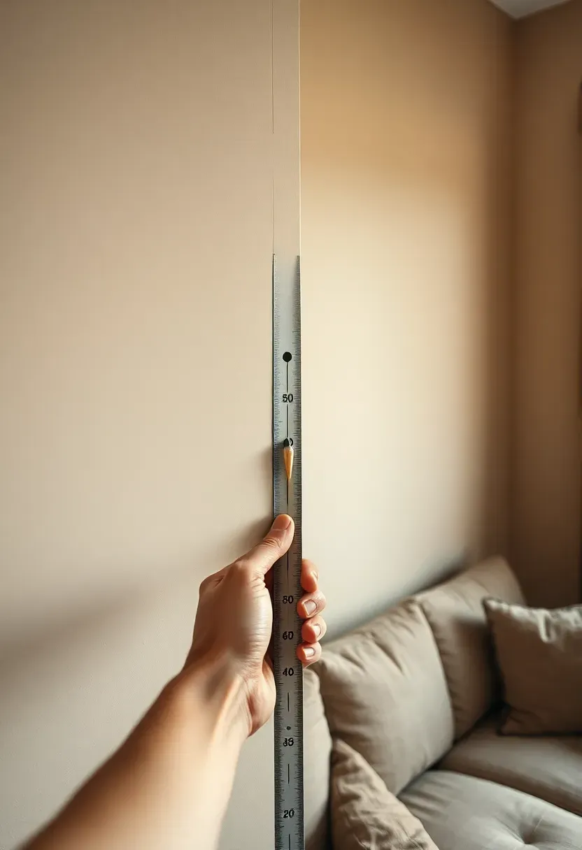 Hands pressing a metal measuring tape against a warm greige living room wall, pencil mark at center point, sofa visible in soft focus in background