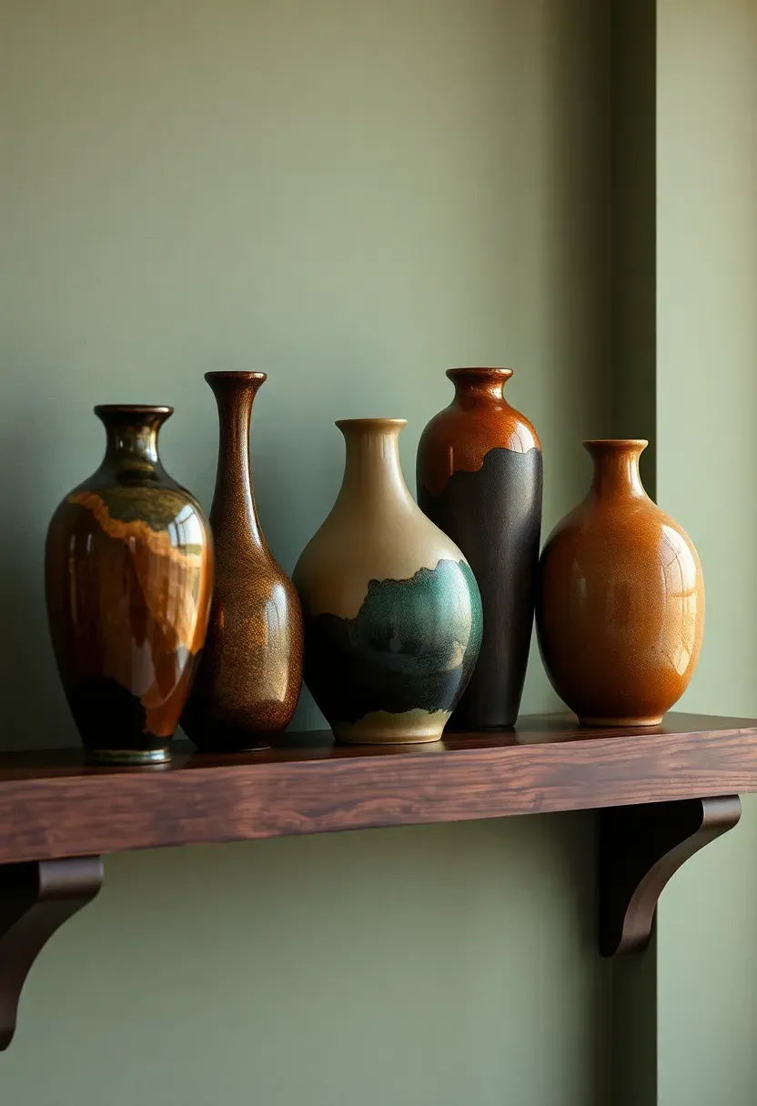 Art Nouveau ceramic vase collection with organic floral glaze effects in green and amber tones