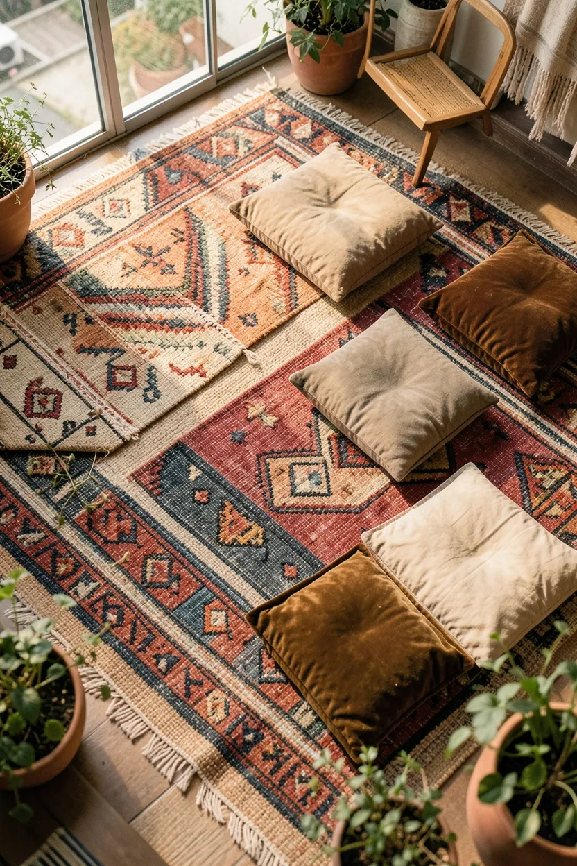 Layered Rugs and Floor Cushions