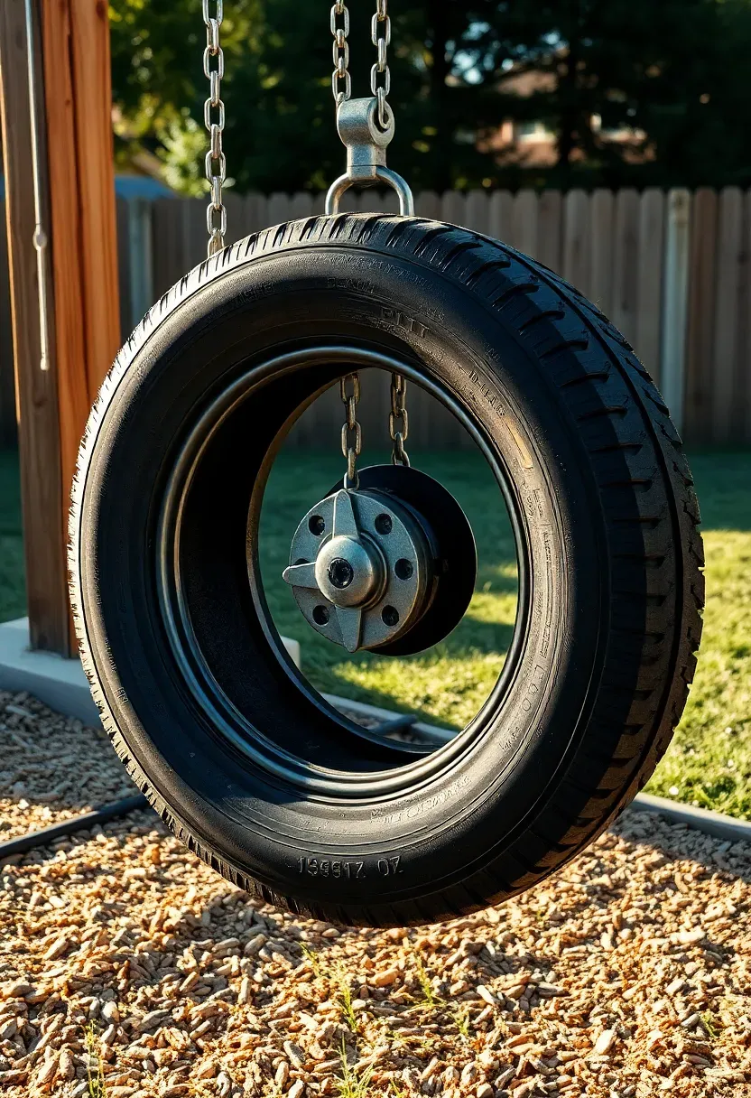 Single heavy wooden post with tire swing hanging from three chains in a circular motion area, surrounded by wood chips