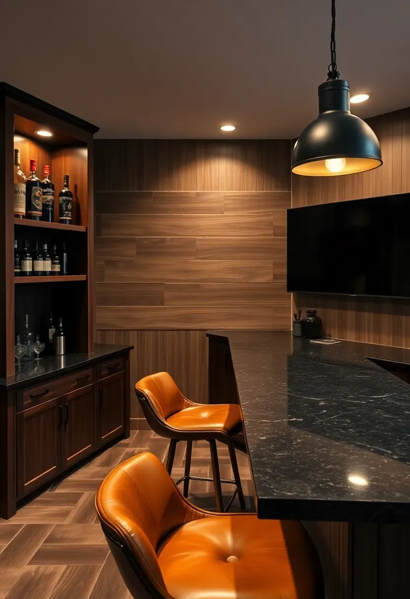 Basement room combining a small bar area with open shelving for bottles and glasses on the left and a large wall-mounted tv on the right, connected by a long countertop, with two leather bar stools and pendant lights overhead