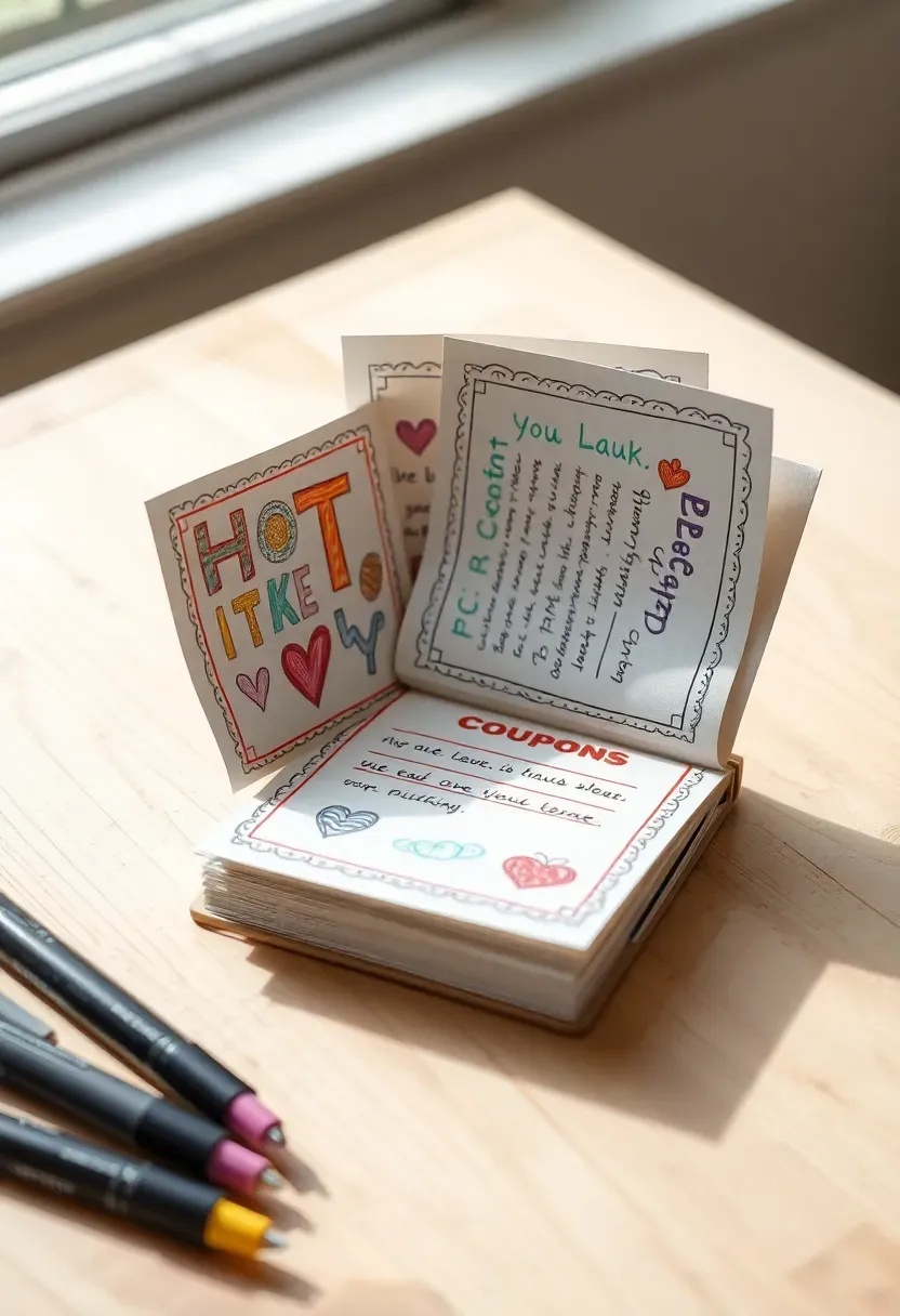 handmade coupon book with colorful illustrated pages fanned open on a table