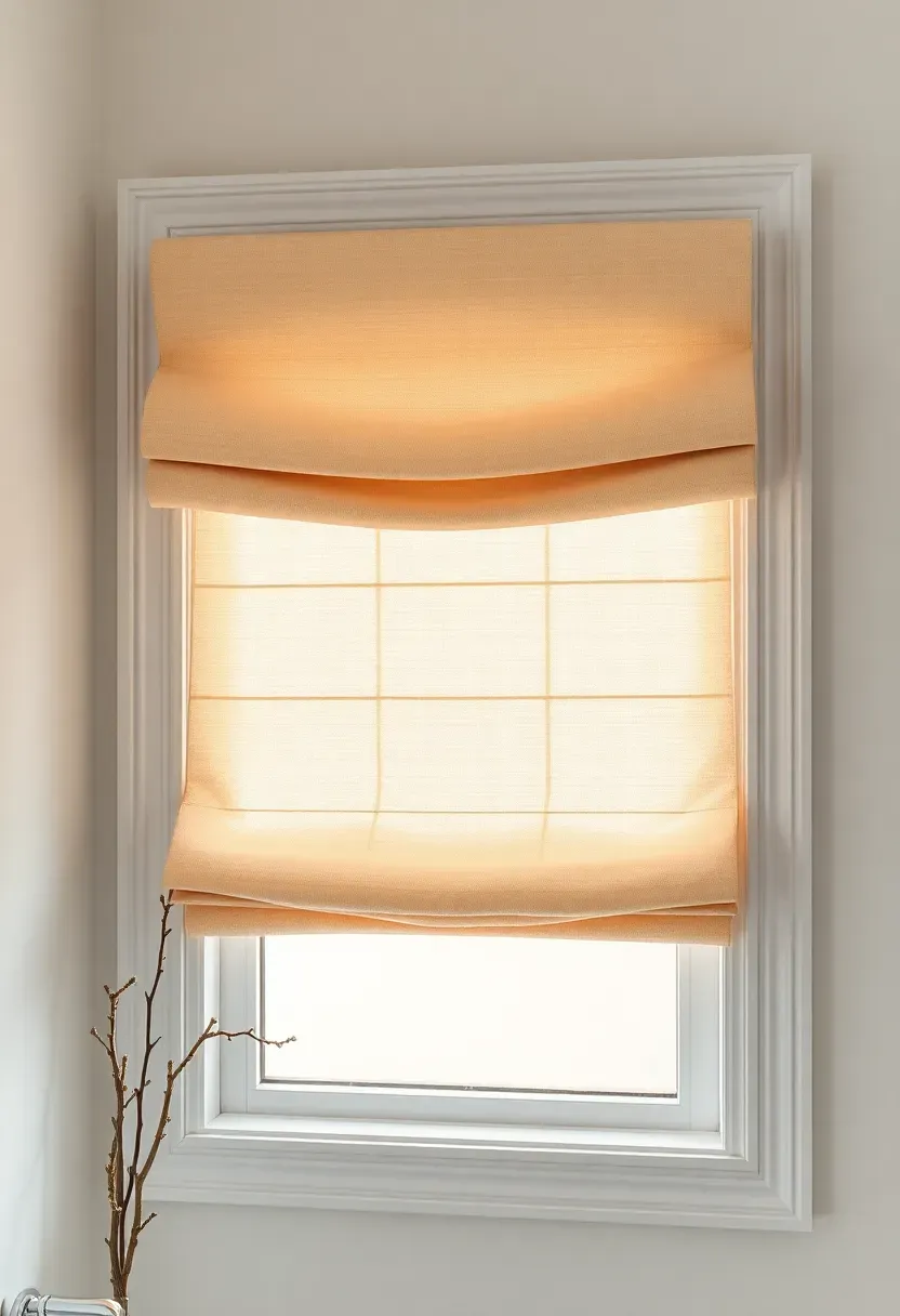 Soft cream Roman shades on a bathroom window, adding warmth and privacy in a neutral rental bathroom