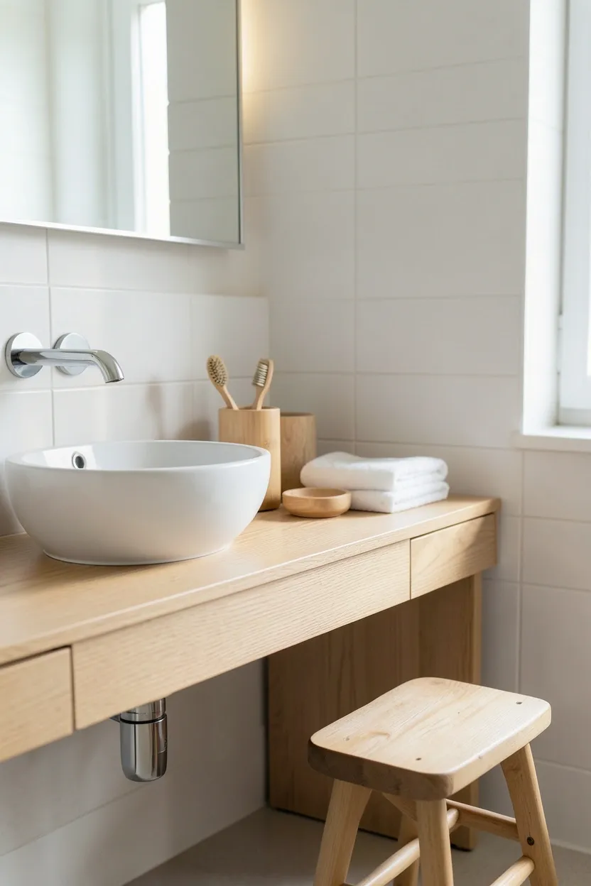 Natural bamboo toothbrush holder, soap dish, and small stool on white tile bathroom counter adding organic warmth