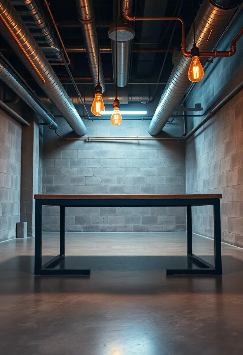 Industrial basement office with polished concrete floor, black steel desk frame, exposed ductwork, and Edison bulb pendant lights