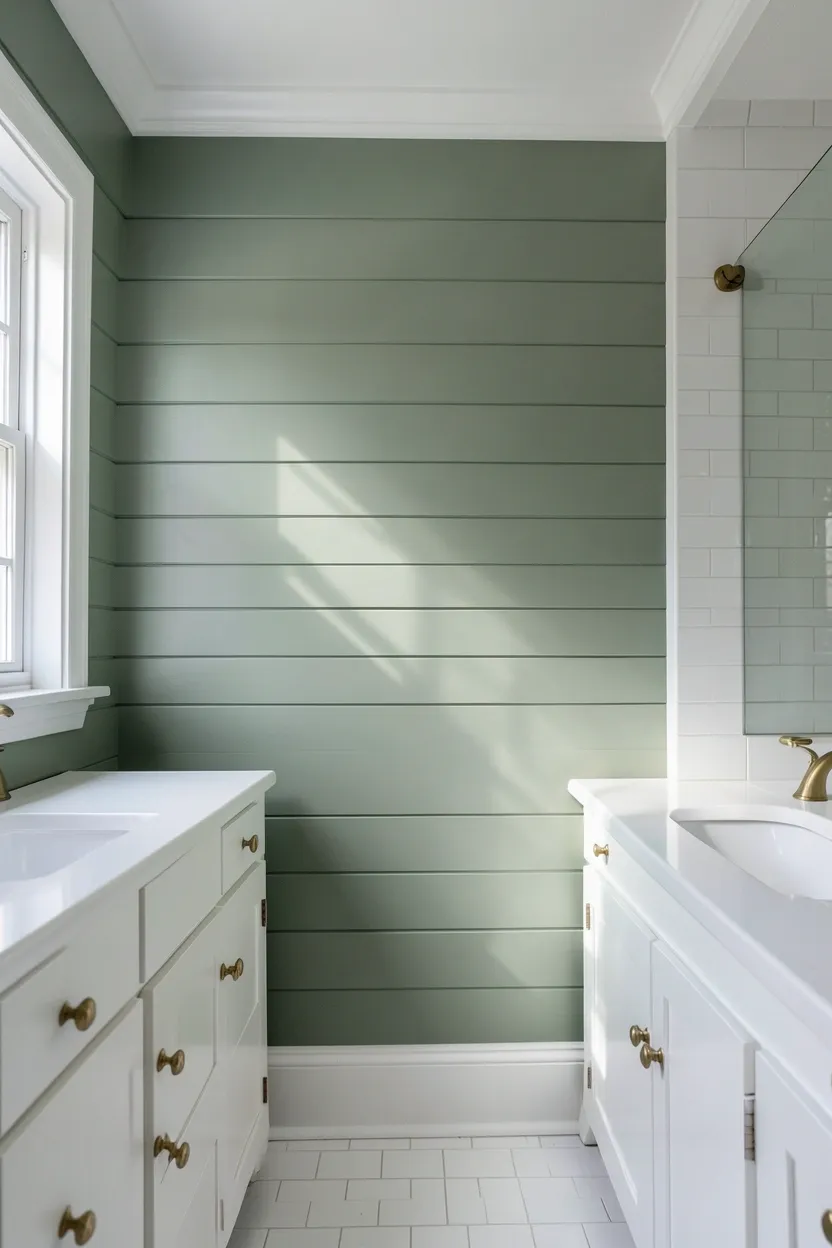 Sage green shiplap bathroom walls with crisp white trim and baseboards — cottage-style green bathroom idea