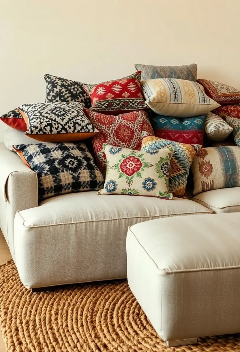 Hyper-realistic 3/4 view of an earthy boho living room showing a beige linen sectional sofa piled high with patterned throw pillows—at least 8-10 pillows featuring varied patterns including geometric mudcloth in black and white, kantha stitching in rust and cream, suzani embroidery in multicolor, and ikat patterns in blue and cream. Jute rug underneath. Warm cream walls. Materials: beige linen upholstery with visible weave and texture, mudcloth pillow with geometric pattern, kantha quilted pillow with visible stitching, suzani embroidered pillow, ikat woven pillow, chunky jute rug, cream walls. Natural daylight showing beautiful pattern mixing and textile variety. Relaxed abundant pillow arrangement characteristic of boho styling. Shallow depth of field showing sofa and pillows foreground with room context beyond. No text, no logos, no watermarks.</p>