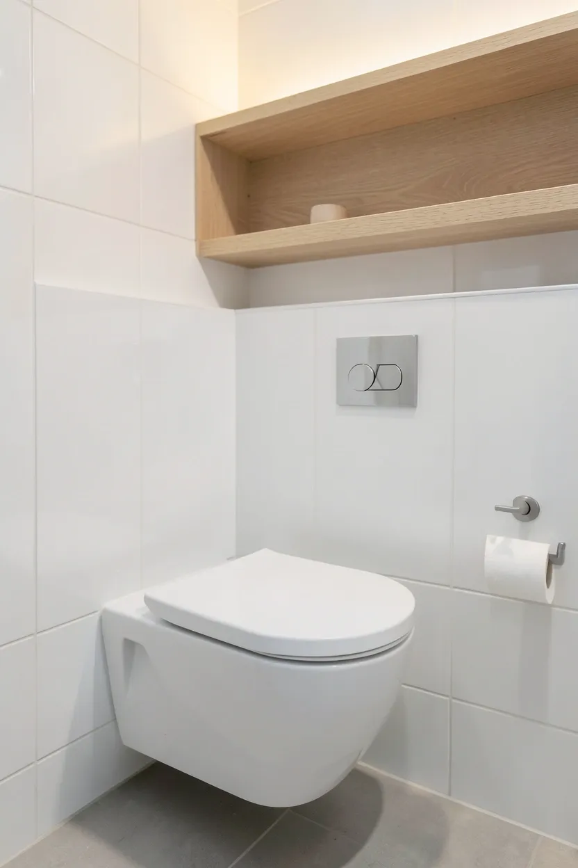 Wall-mounted toilet with concealed tank and slim chrome flush plate against white tile in a minimalist bathroom
