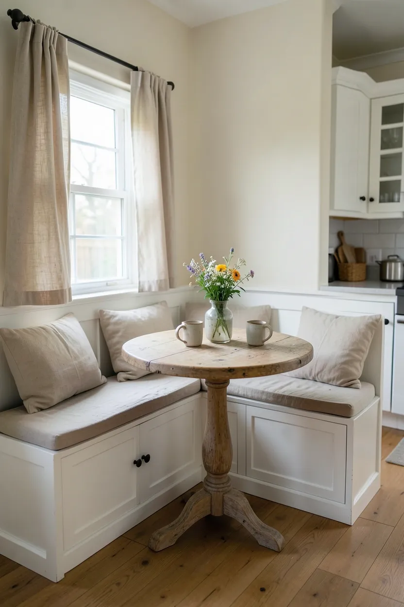 Hyper-realistic 3/4 view of a corner breakfast nook in a cottage kitchen. L-shaped built-in bench seating in white painted wood with cushions in natural linen showing slight compression from regular use. Round farmhouse-style table in distressed wood in center. Window above bench with linen curtains allowing natural light to stream in. Creamy white walls, warm oak flooring visible. Small vase with wildflowers on table, two mismatched mugs showing signs of recent coffee. White shaker cabinets visible in background. Materials: painted white wood, linen cushions, distressed oak, linen curtains. Cozy intimate cottage mood. Visible kitchen context - all walls and flooring showing nook tucked into corner. Slight wear on table surface, small cushion indentations. No text, no logos, no watermarks.</p>
