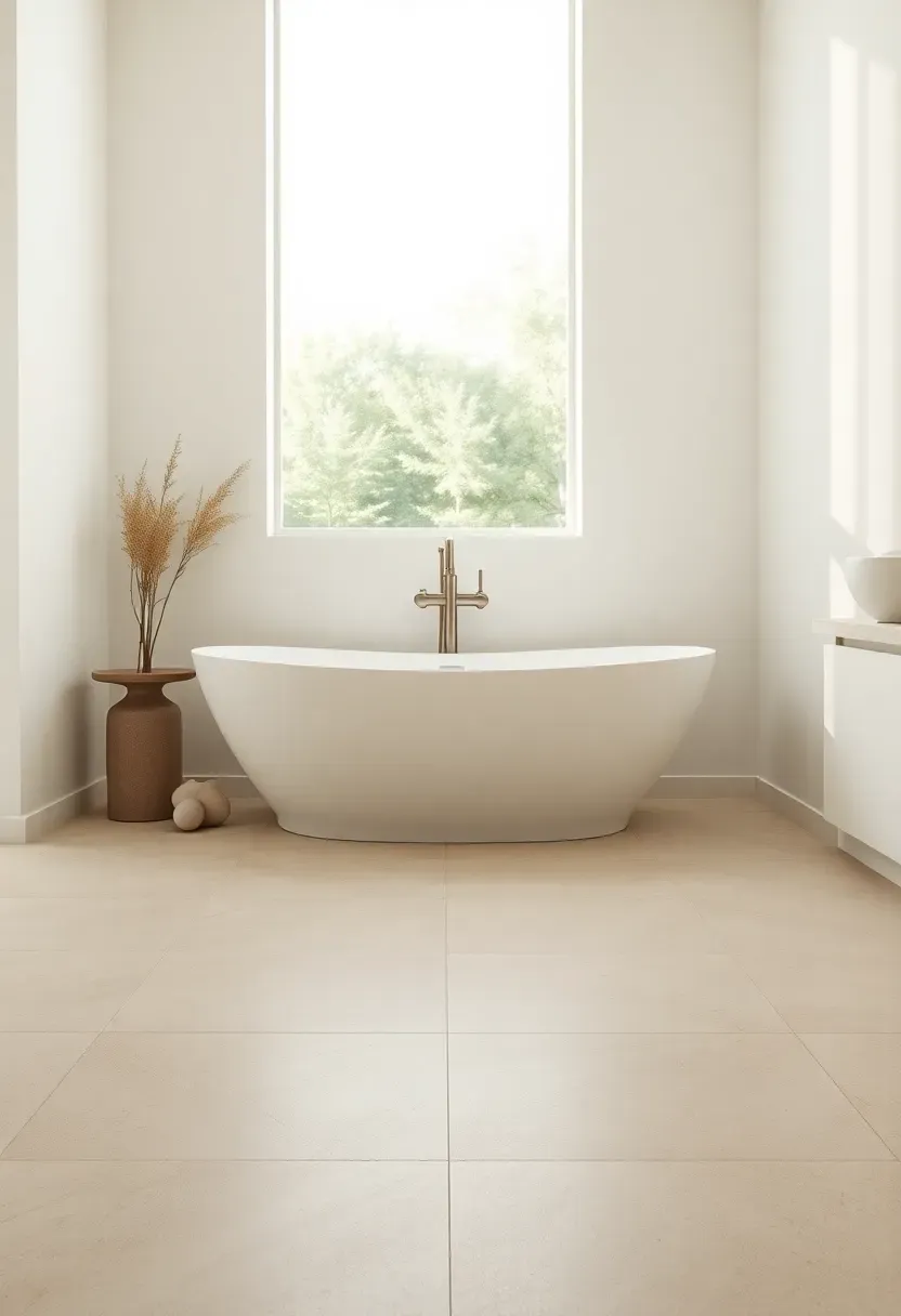 Large 24 by 48 inch porcelain slab bathroom floor in soft greige with minimal grout lines and a freestanding tub