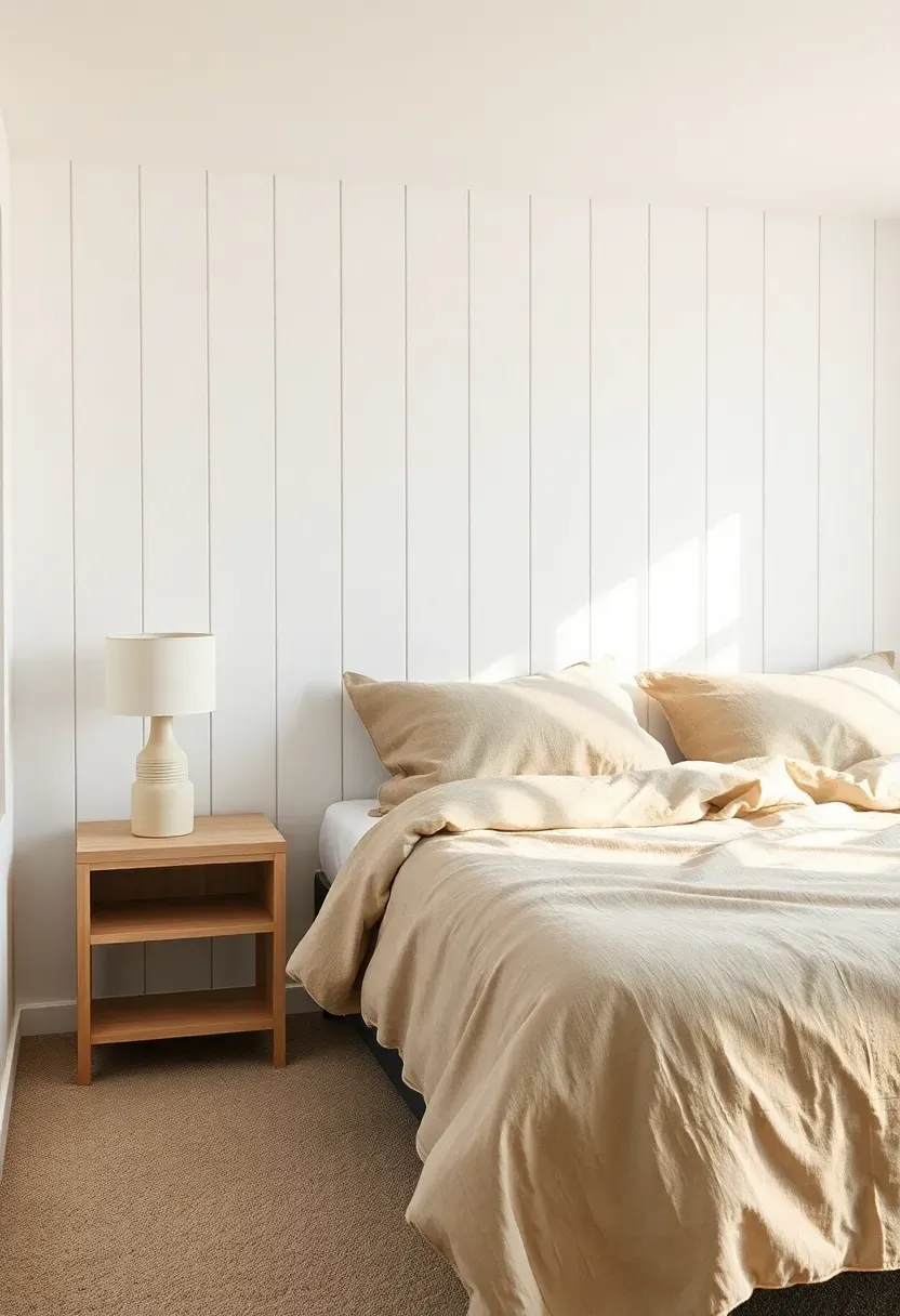 White board and batten accent wall in a bright basement guest bedroom with linen bedding and a bedside table