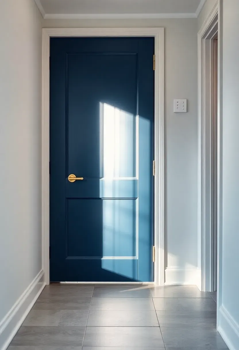 A basement door painted in deep navy blue with brass lever handle set against a white hallway wall
