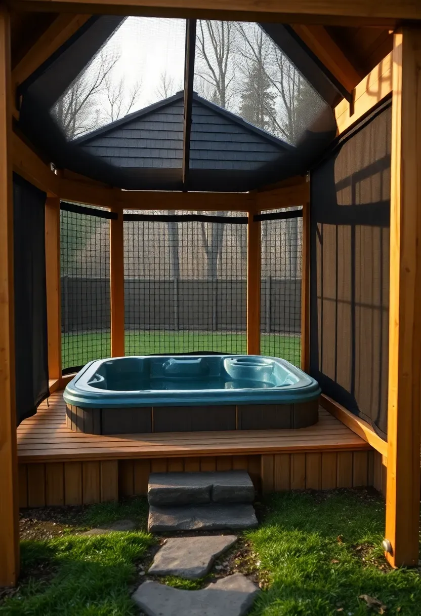 A wooden gazebo with screened sides enclosing a large hot tub with cedar shingle roof and a small stepping stone path leading to the entrance